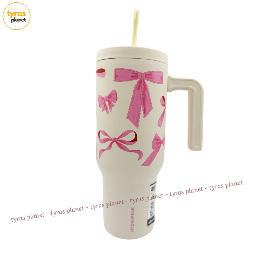 HydraPeak Pink Bow Tumbler with Straw 40 oz Stainless Steel Travel Mug NEW